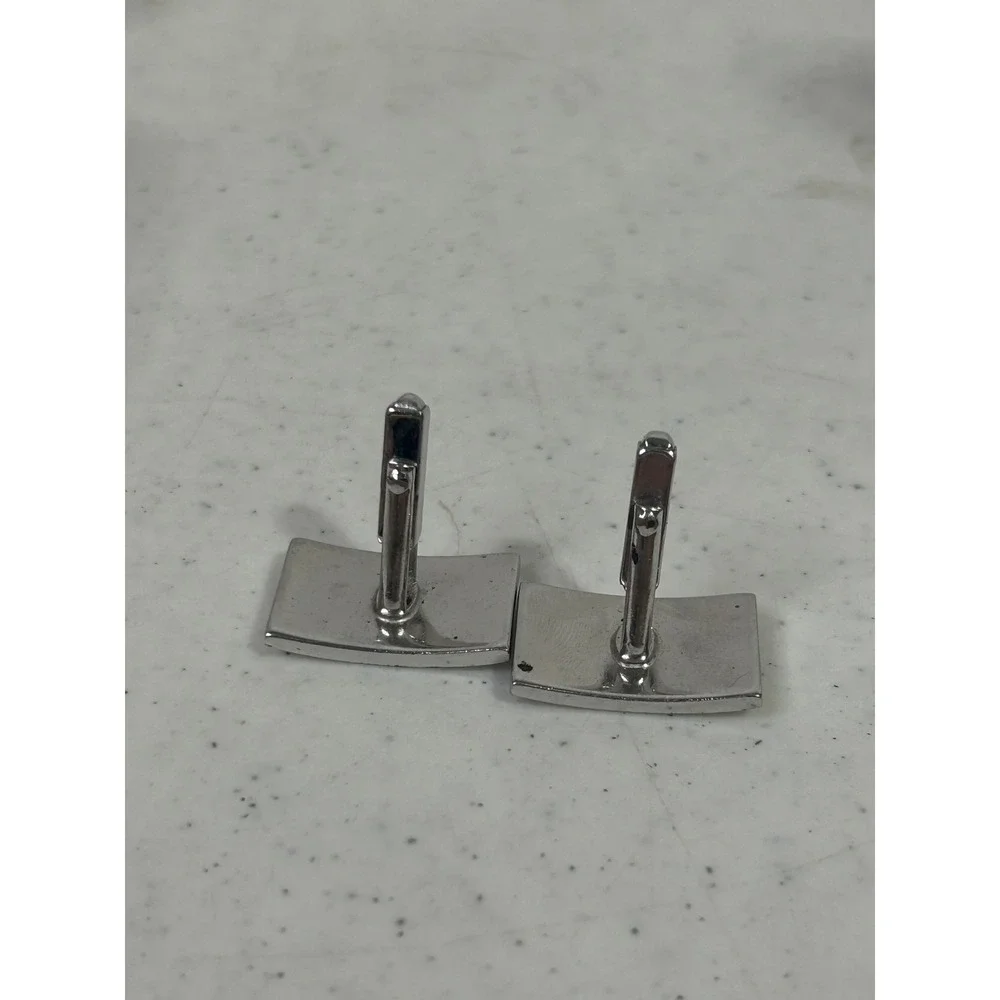 Vintage Silver Tone Rectangular Striped Cufflinks Mid Century Modern Formal Mens